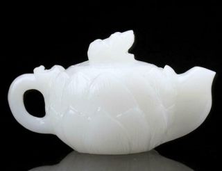 Exquisite chinese 100 natural white jade hand carved lotus teapots /Td01 3