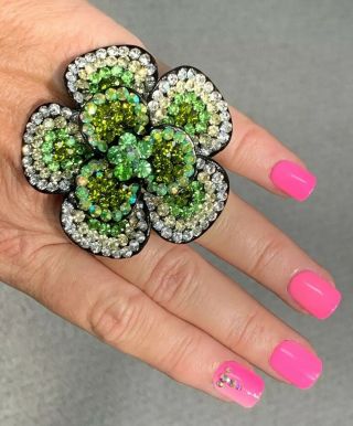 Green Ab Rhinestone Crystal Fashion Large Flower Cocktail Ring Adjustable