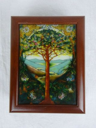 Louis Comfort Tiffany Tree Of Life Stained Glass & Wooden Box By Glassmasters