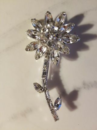 Vintage Signed Weiss Clear Rhinestone Stemmed Flower Pin Brooch