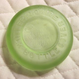 Vintage Advertising Frosted Green Glass Frigidaire Milk Bottle Cover Cap