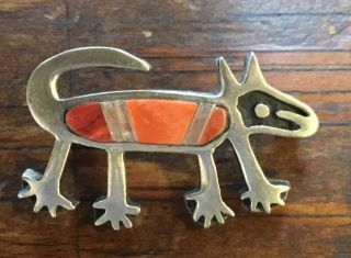 Vintage Rock Kritters Sterling Silver Pin Red Orange Coral Inlays Animal Dog