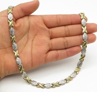 925 Sterling Silver - Vintage Shiny Etched Two Tone Xo Chain Necklace - N2872