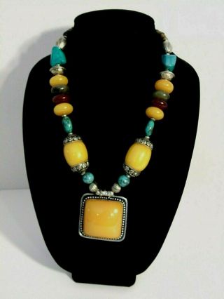 Bajalia Pendant Necklace Large Chunky Beads Yellow Blue Red Silver Tone 27 "