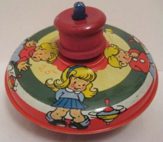 Old Ohio Art Wind Up Tin Top W/ Children Playing With Spinning Tops