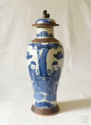Good Sized Antique 19th Century Chinese Blue And White Crackleware Vase & Cover