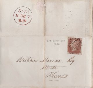 1842 Qv Edinburgh Mx Maltese Cross On Cover With A 1d Penny Red Imperf Stamp