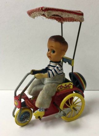 Tin Toy Wind - Up Boy On Bicycle / Bike With Canopy - Made In Japan -