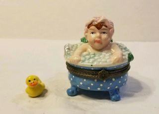 Baby Girl Lady In Bubble Bath W/ Duck - Porcelain Trinket Box Hinged Rubber Ducky