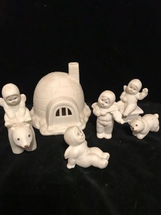 Vintage Set Of 6 Snow Angel Babies W/igloo And Polar Bear W/textured Snow