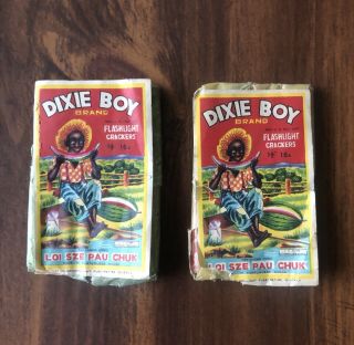 2 Dixie Boy Brand 1 4/2” 16s Flashlight Crackers Portuguese Macau Antique Labels
