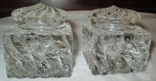 Vintage Set Of 2 Clear Glass Swirl Ink Wells Inkwell Insert With Lids