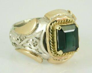 Vintage Sterling Silver & Brass Green Tourmaline Ring Size 10