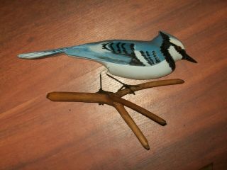 Vintage Harris Ilsley Hand Carved Wood Bird Blue Jay No 2