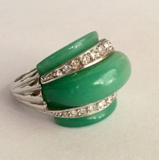 Designer Signed Kenneth Lane Vintage? Faux Green Jade Lucite Rhinestone Ring Sz8