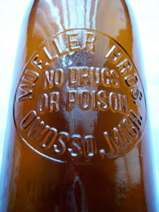 Vintage Amber Beer Bottle Mueller Bros.  Owosso Michigan No Drugs Or Poison