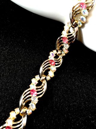 Stunning Crown Trifari Gold - Tone Crystal Pink Ab Rhinestone Swirl Link Bracelet