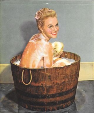 Lady Taking A Bath In A Barrel,  Salesman Sample Calendar Print 1950 