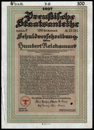 1937 Nazi Germany Uncancelled Seal 100 Reichsmark Prussian Bond Wysiwyg Vf,
