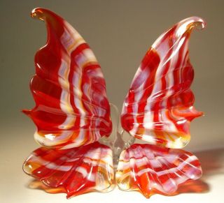 Blown Glass Art Figurine Red And White Stripe Butterfly