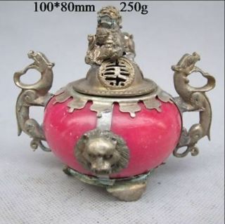 Chinese Old Tibetan Silver & Jade Hand - Carved Dragon Incense Burner & Lid W Lion