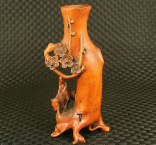 True To Life Chinese Old Boxwood Hand Carved Plum Blossom Statue Exquisite Vase