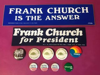 11 Vintage Frank Church Presidential Campaign Pinback Buttons & Stickers 1976