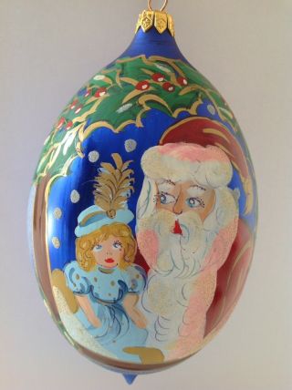 Christopher Radko Blue Glass Teardrop Christmas Ornament Been A Good Girl Santa