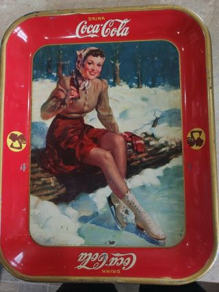 1941 Coca - Cola Ice Skating Girl Drinking Coke Metal Advertising Tray