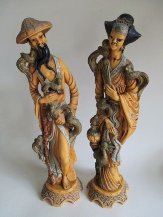 Vintage Pair Large Oriental Resin Figurines,  Carved Resin Figurines,  15 ",  38cm.