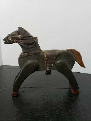Vintage Hand Carved Wooden Toy Horse W/ Leather Saddle & Harness