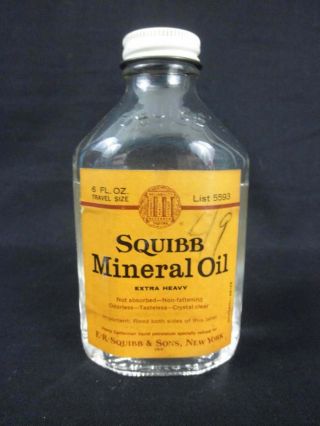 Vtg Squibb Mineral Oil Apothecary Clear Glass Bottle With Label 6 Fl Oz