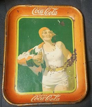 Antique 1930 Coca Cola Advertising Tray Girl In White,  Orange Cap Coke