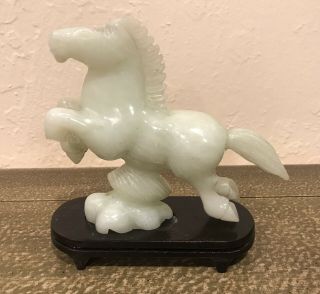 Chinese Hand Carved Jade Horse With Wood Stand