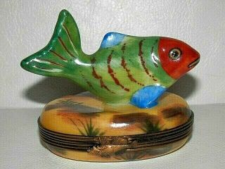 French Limoges Trinket Box With Single Green Red Fish Made In France - Colorful