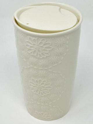 Starbucks White Ceramic Travel Mug Cup Floral Textured 10 Fl Oz Limited Edition