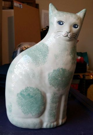 Signed Large 13 " Ceramic Sitting Cat - Green And White With Blue Eyes