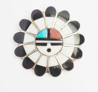 Vinatge Handmade Sterling Silver Inlaid Gemstones Zuni Native American Sun Pin