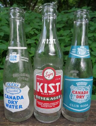 3antique 7oz Acl Glass Pop Top Bottles Canada Dry Water Club Soda Kist Beverages