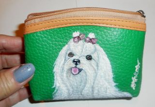 Maltese Dog Hand Painted Green Leather Coin Change Purse Vegan