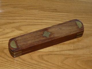 Vintage Wood & Brass Pencil Box With Sliding Top Cover Rotating Box
