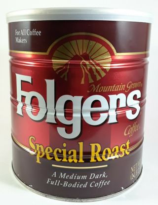 Vintage Folgers Mountain Grown Special Roast Coffee Can,  39oz,  Red Tin & Lid