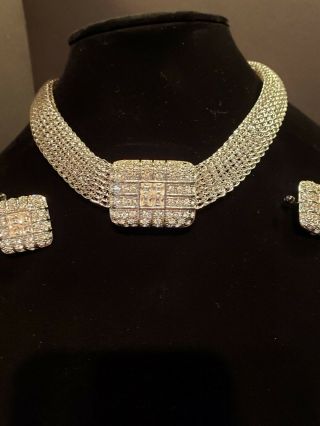Silvertone Mesh Magnetic Necklace With Clip Earrings Cond.