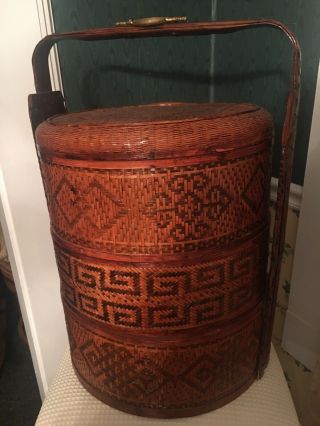 Large Vintage Chinese Wedding Basket Bamboo With Design 18” Tall