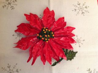 Vintage Large Red Enamel Metal Flower Poinsettia Christmas Brooch Pin 5 " Beauty