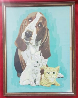 Vintage Framed Paint By Number Pbn Dog And Kittens Dimensions Approx 11 ",  X 14 ",