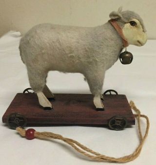 Wool Felted Sheep Lamb Pull Toy On Wheels 6 " Long 5 1/2 Tall
