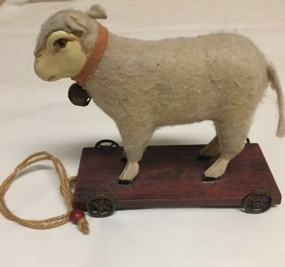 Wool Felted Sheep Lamb Pull Toy On Wheels 6 