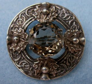 Vintage Scottish Celtic Sterling Silver Pin / Brooch With Thistles And Citrine