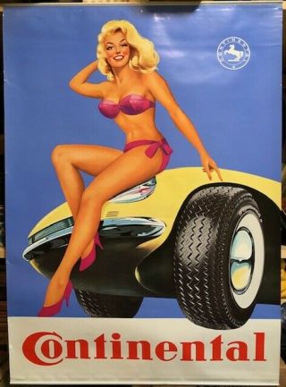 Vintage Continental Tires Pin Up Girl Advert Poster (1960s - 1970s)